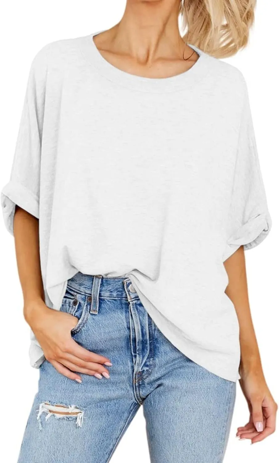 Women Oversized T Shirt Short Sleeve Loose Casual Basic Shirts Summer Tee Tops Crewneck Roll Up Sleeve Blouse Shirt