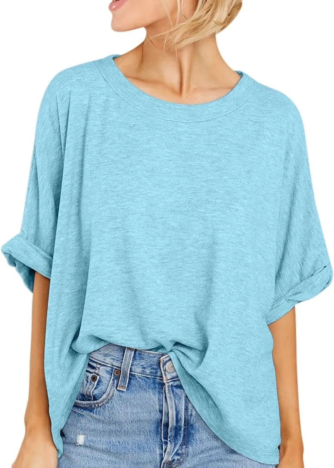 Women Oversized T Shirt Short Sleeve Loose Casual Basic Shirts Summer Tee Tops Crewneck Roll Up Sleeve Blouse Shirt