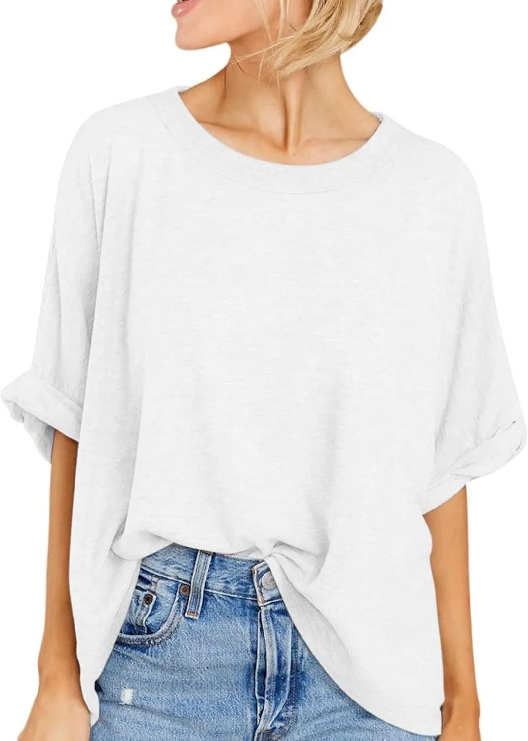 Women Oversized T Shirt Short Sleeve Loose Casual Basic Shirts Summer Tee Tops Crewneck Roll Up Sleeve Blouse Shirt
