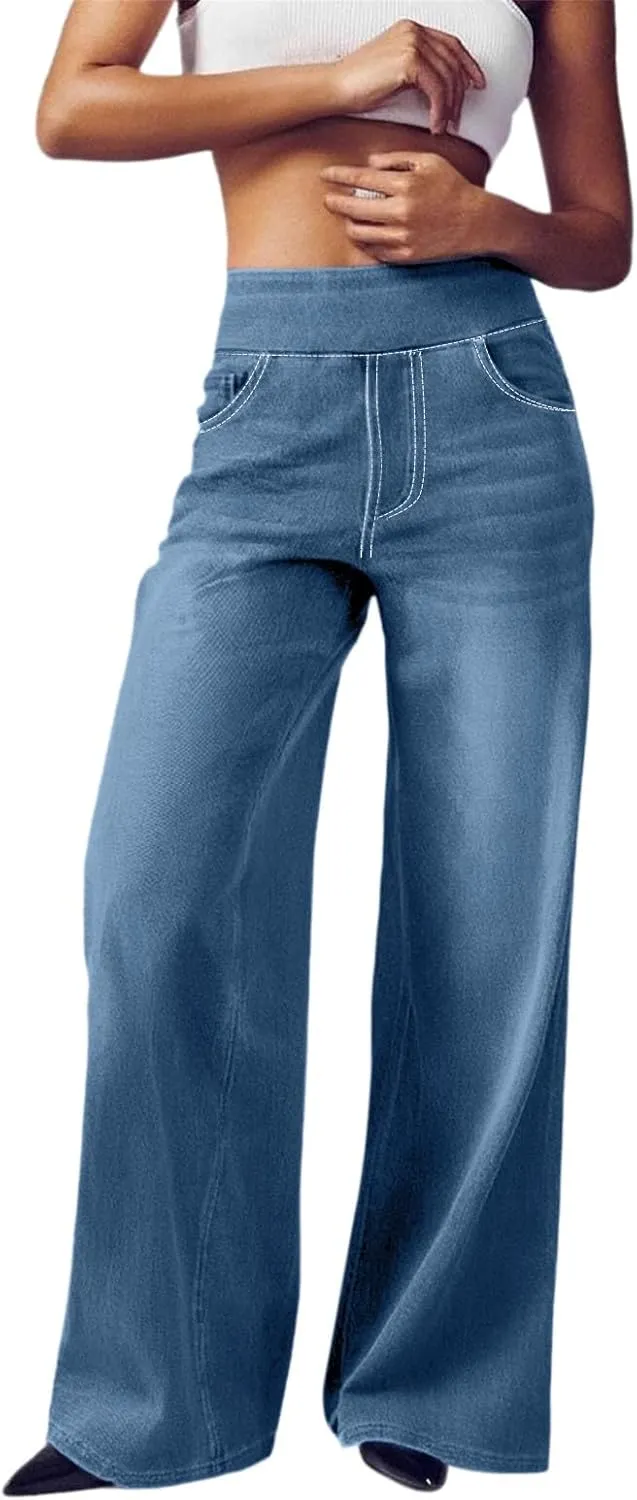 Women Sweatpant Jeans 2025 Sweatpants That Look Like Jeans High Waisted Stretchy Wide Leg Denim Pants with Pockets