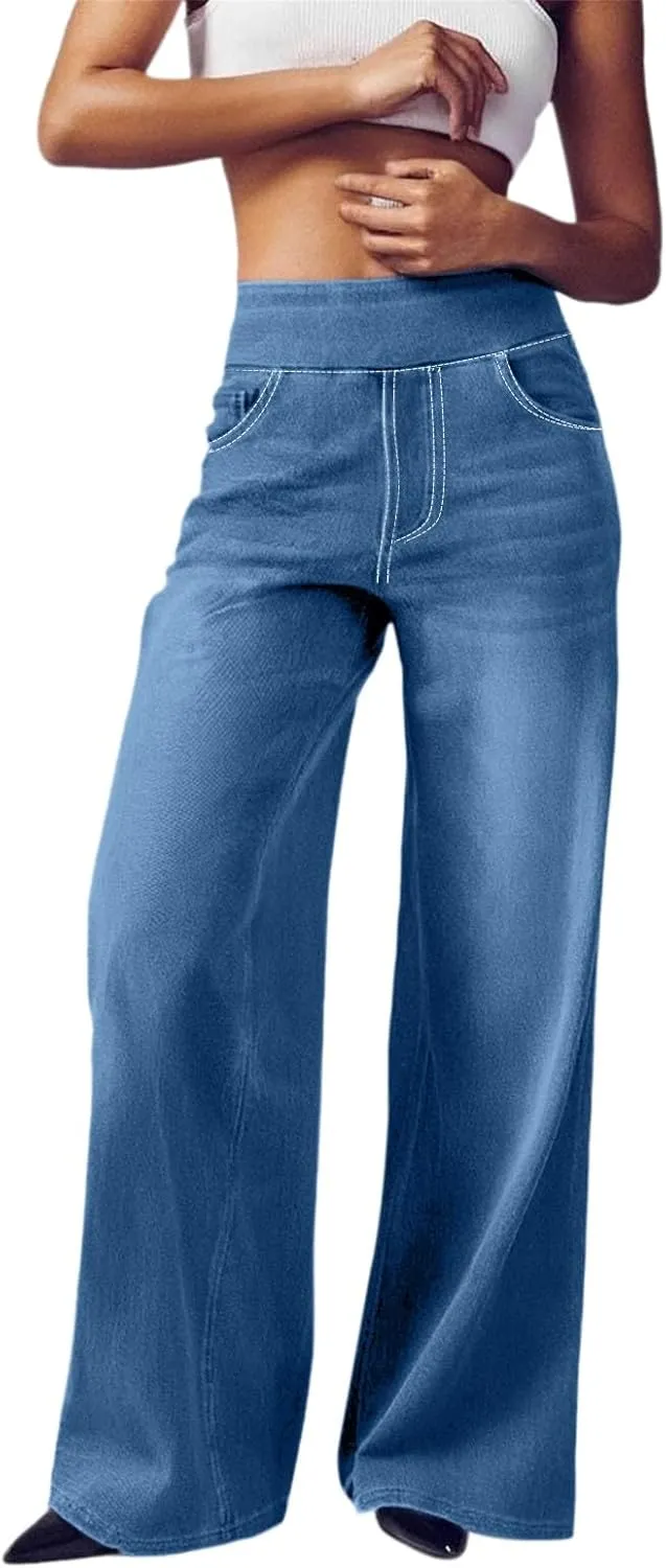 Women Sweatpant Jeans 2025 Sweatpants That Look Like Jeans High Waisted Stretchy Wide Leg Denim Pants with Pockets