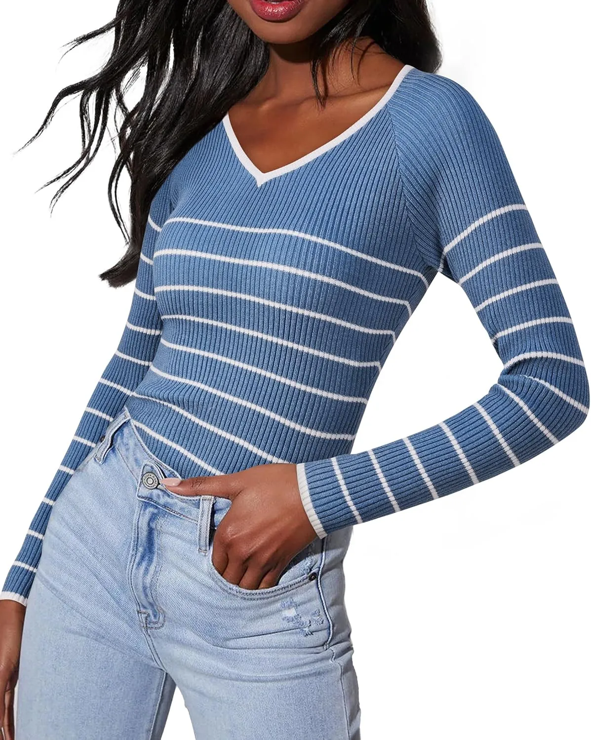 Women's 2024 V Neck Sweaters Fashion Fitted Long Sleeve Ribbed Knitted Pullover Trendy Business Work Tops