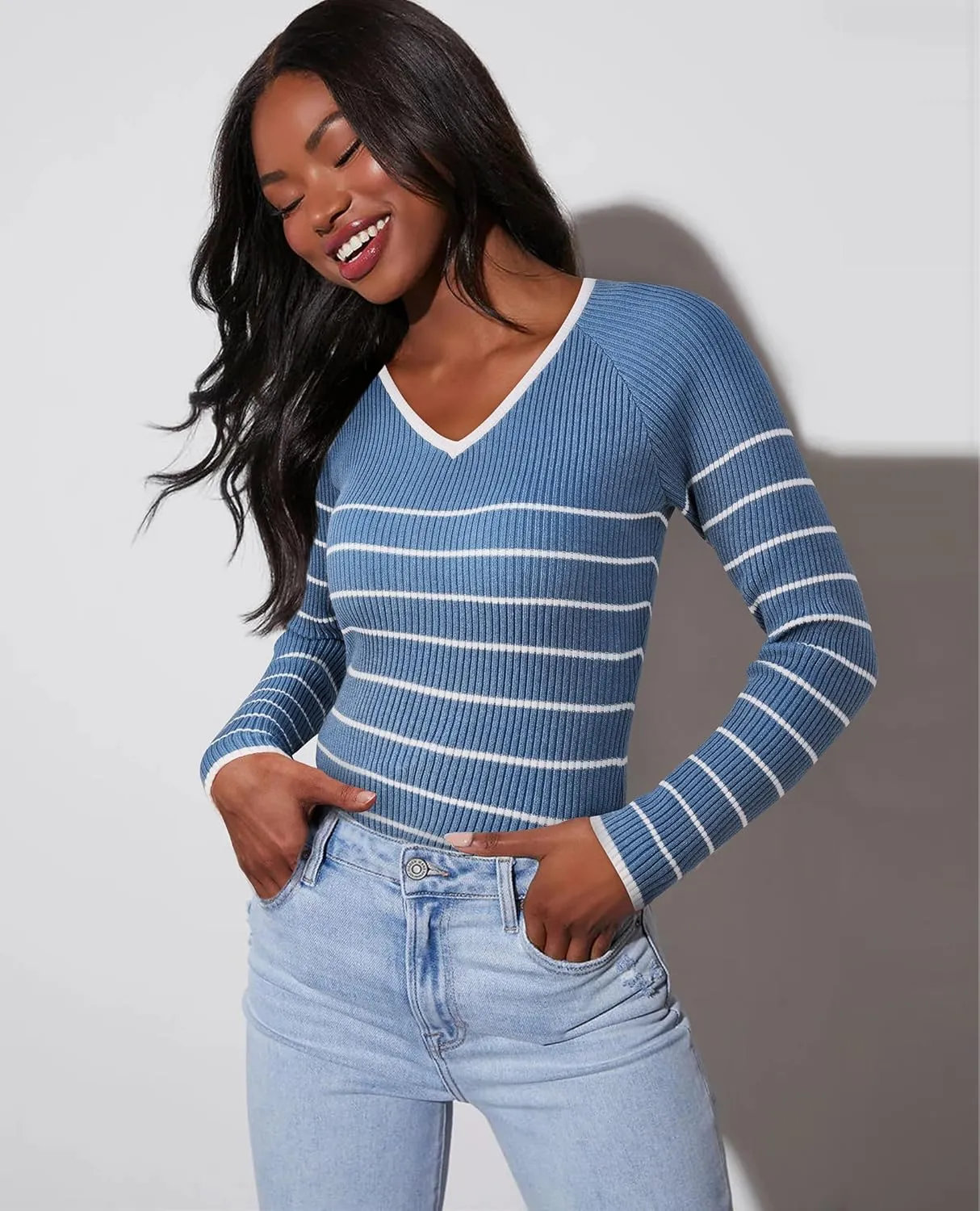 Women's 2024 V Neck Sweaters Fashion Fitted Long Sleeve Ribbed Knitted Pullover Trendy Business Work Tops