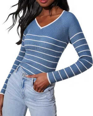 Women's 2024 V Neck Sweaters Fashion Fitted Long Sleeve Ribbed Knitted Pullover Trendy Business Work Tops