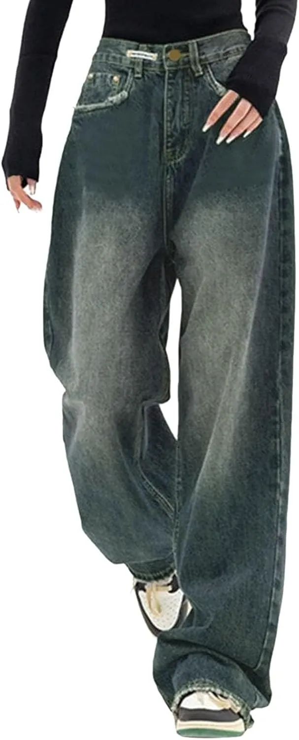 Women's Baggy Jeans Vintage Y2K Wide Leg Jeans High Waisted Boyfriend Pants Loose Fit Cargo Jeans for Teen Girls