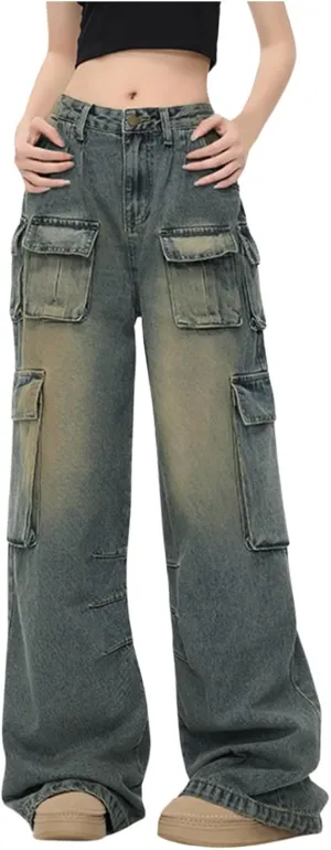 Women's Baggy Jeans Vintage Y2K Wide Leg Jeans High Waisted Boyfriend Pants Loose Fit Cargo Jeans for Teen Girls