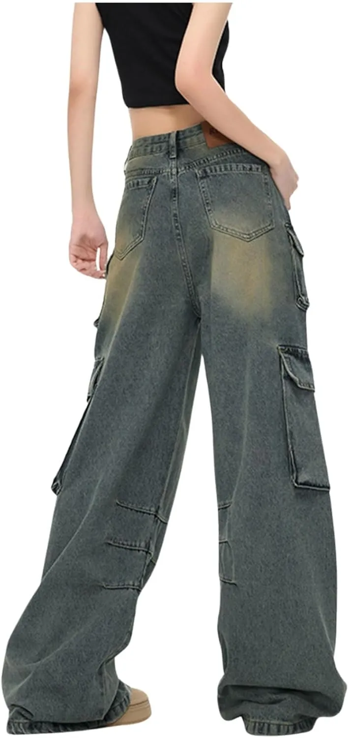 Women's Baggy Jeans Vintage Y2K Wide Leg Jeans High Waisted Boyfriend Pants Loose Fit Cargo Jeans for Teen Girls