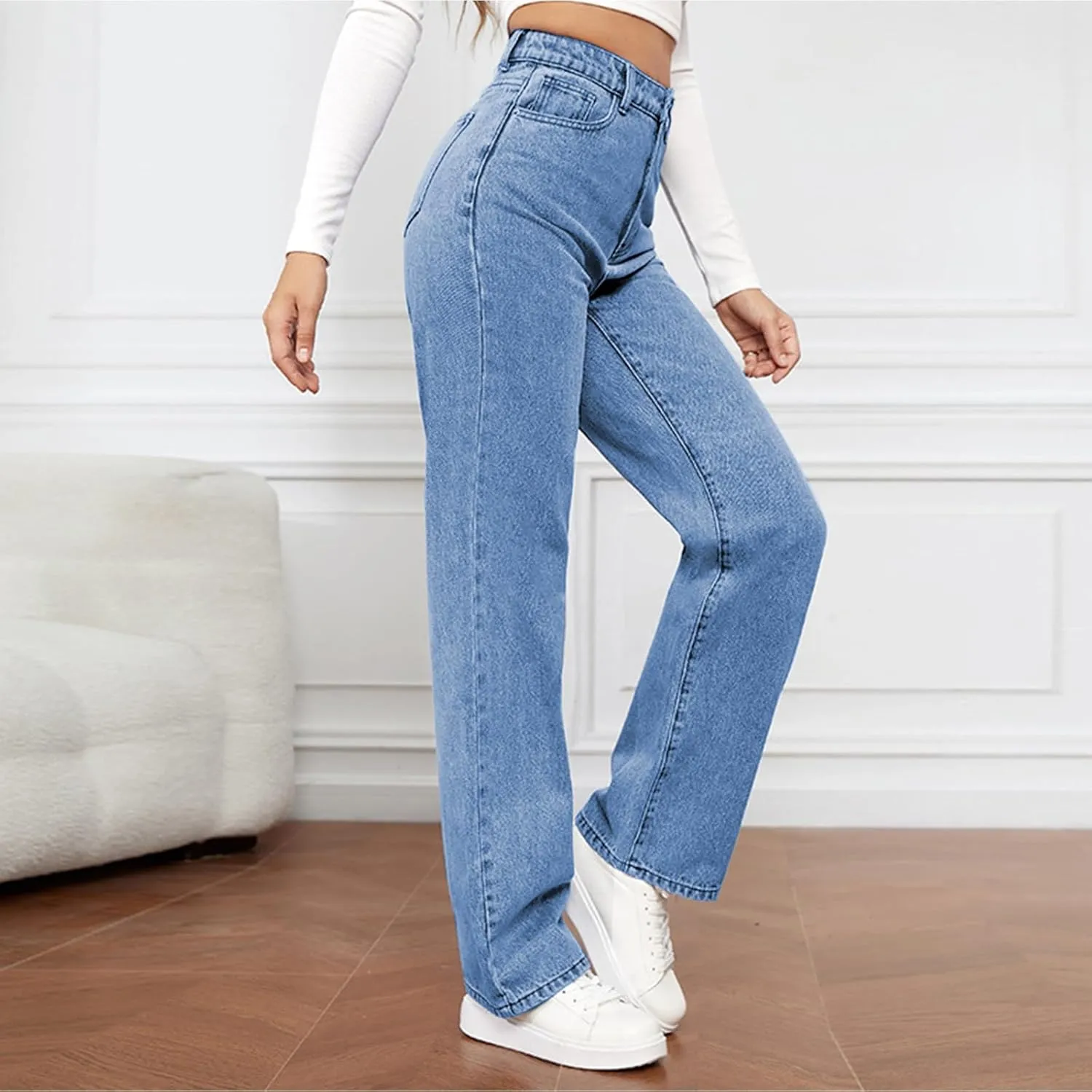 Women's Barrel Jeans High Waisted Casual Straight Leg Stretch Trendy Wide Leg Ankle Denim Pants Long Trousers 2024