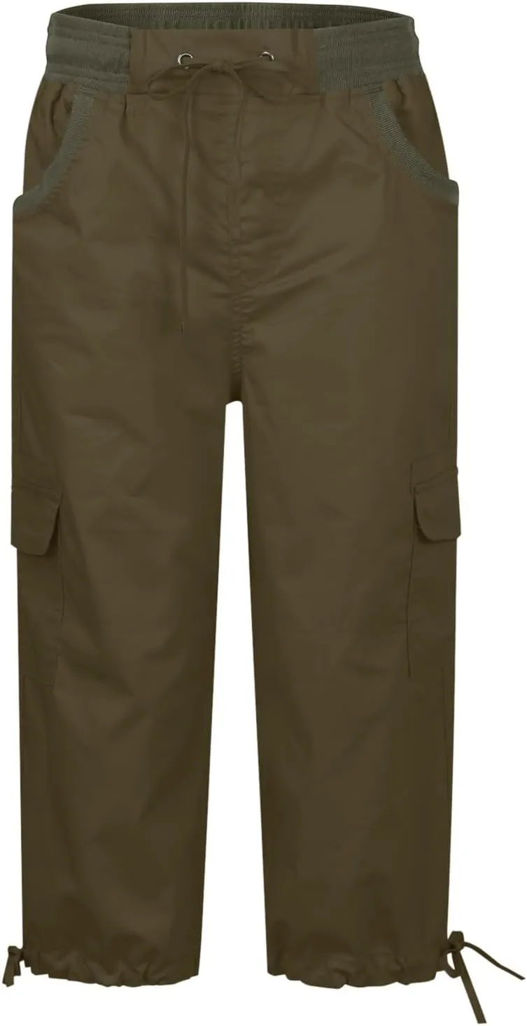 Womens Cargo Capris Drawstring Low Waisted Hiking Pants Casual Lightweight Summer Pants Cotton Joggers with Pockets