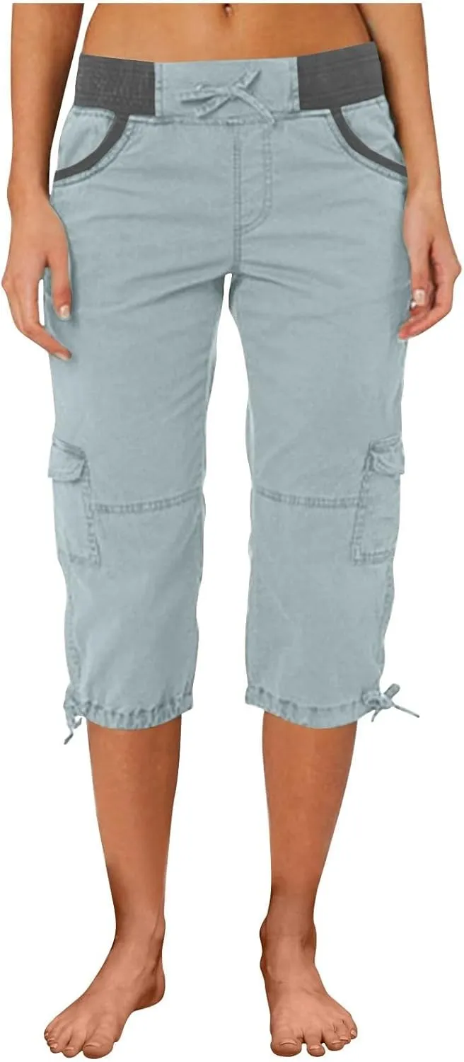 Womens Cargo Capris Drawstring Low Waisted Hiking Pants Casual Lightweight Summer Pants Cotton Joggers with Pockets