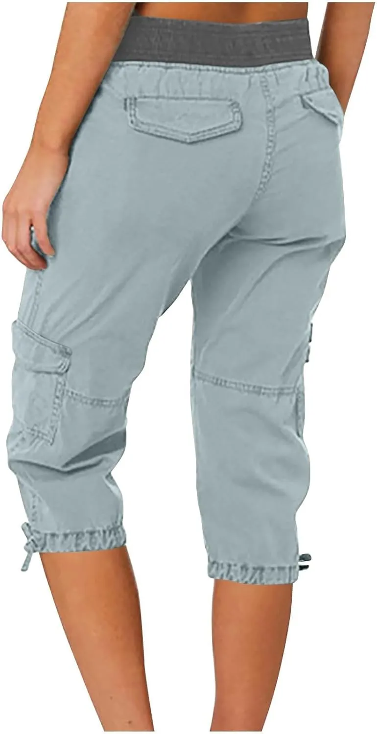 Womens Cargo Capris Drawstring Low Waisted Hiking Pants Casual Lightweight Summer Pants Cotton Joggers with Pockets