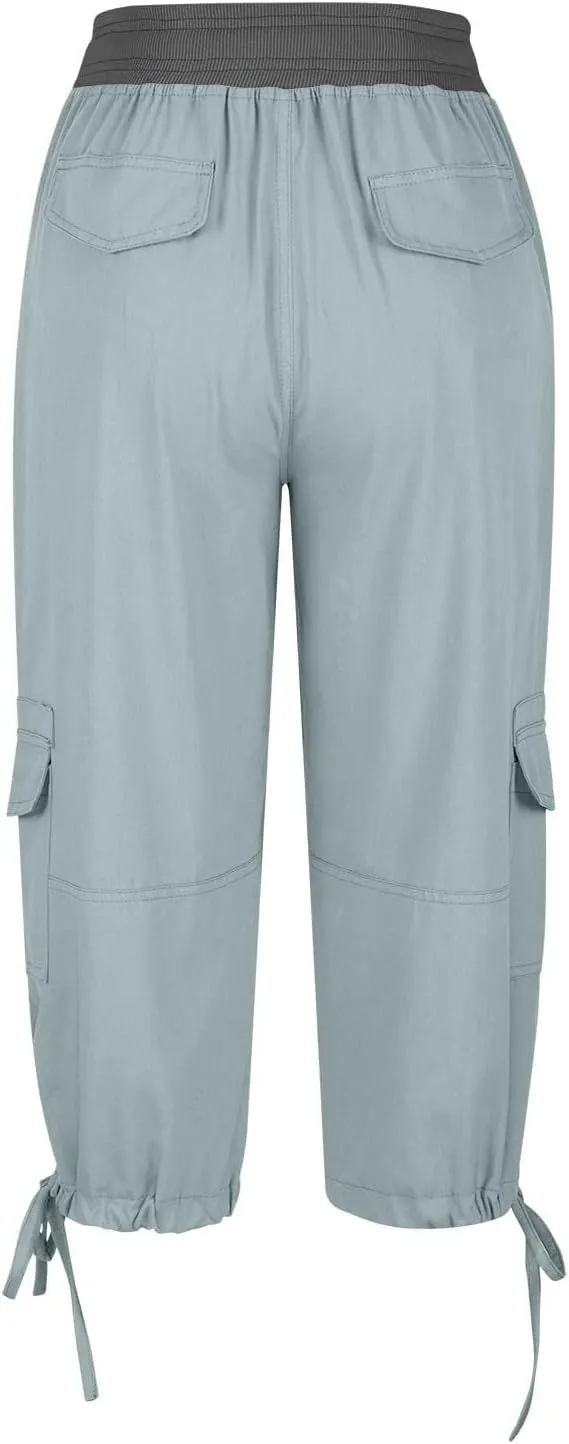 Womens Cargo Capris Drawstring Low Waisted Hiking Pants Casual Lightweight Summer Pants Cotton Joggers with Pockets