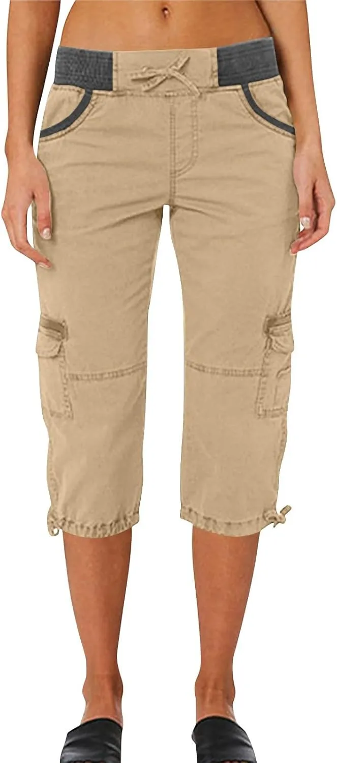 Womens Cargo Capris Drawstring Low Waisted Hiking Pants Casual Lightweight Summer Pants Cotton Joggers with Pockets
