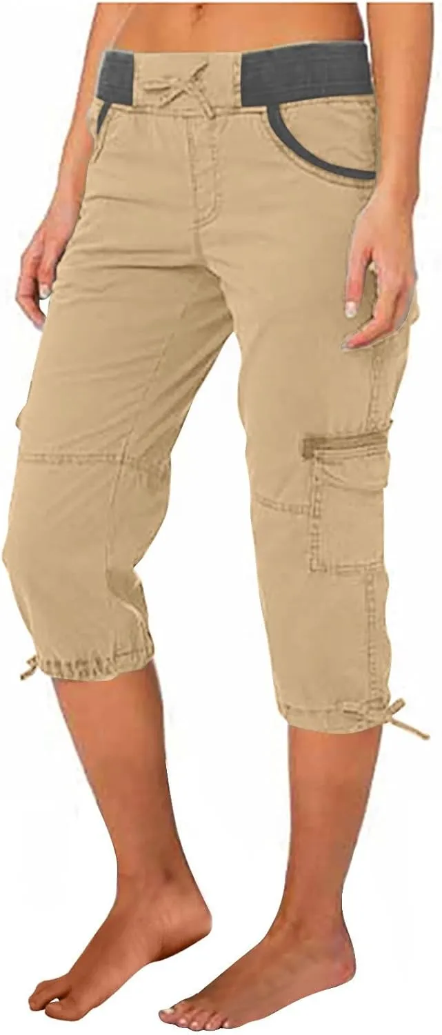 Womens Cargo Capris Drawstring Low Waisted Hiking Pants Casual Lightweight Summer Pants Cotton Joggers with Pockets