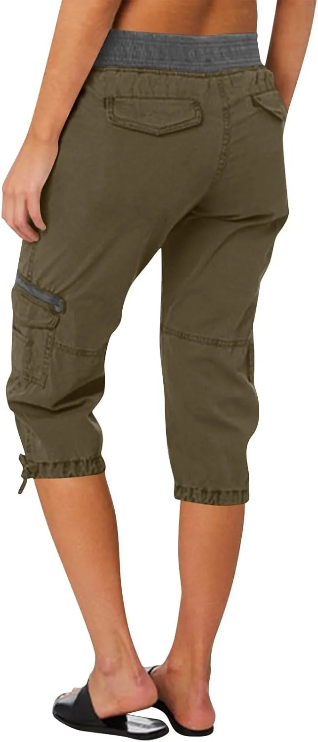 Womens Cargo Capris Drawstring Low Waisted Hiking Pants Casual Lightweight Summer Pants Cotton Joggers with Pockets