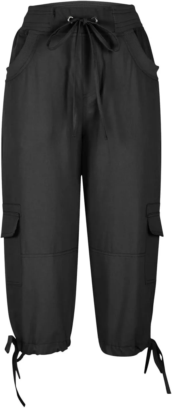 Womens Cargo Capris Drawstring Low Waisted Hiking Pants Casual Lightweight Summer Pants Cotton Joggers with Pockets