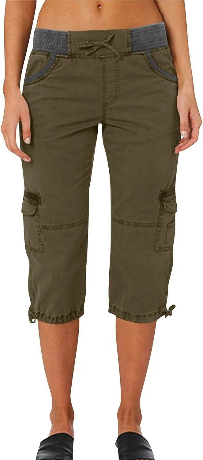 Womens Cargo Capris Drawstring Low Waisted Hiking Pants Casual Lightweight Summer Pants Cotton Joggers with Pockets