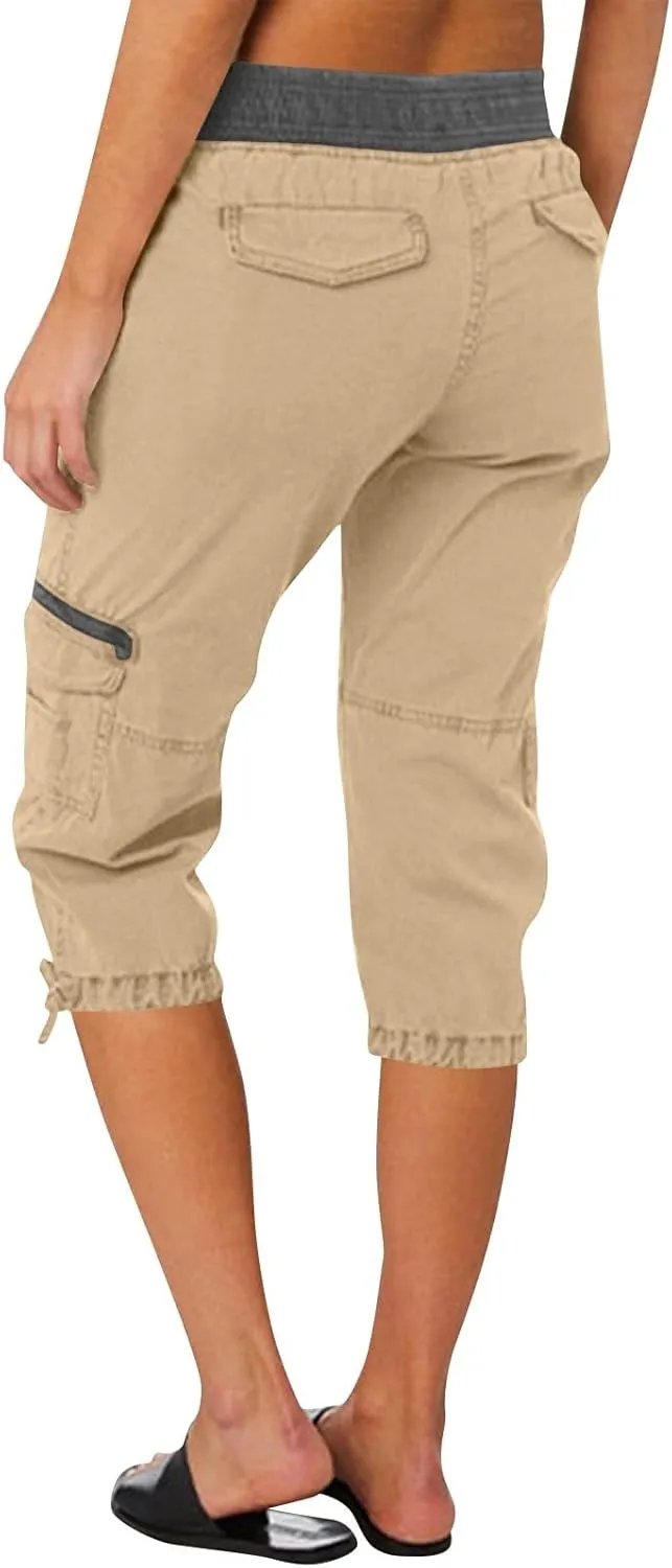 Womens Cargo Capris Drawstring Low Waisted Hiking Pants Casual Lightweight Summer Pants Cotton Joggers with Pockets
