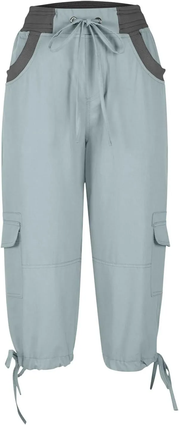 Womens Cargo Capris Drawstring Low Waisted Hiking Pants Casual Lightweight Summer Pants Cotton Joggers with Pockets
