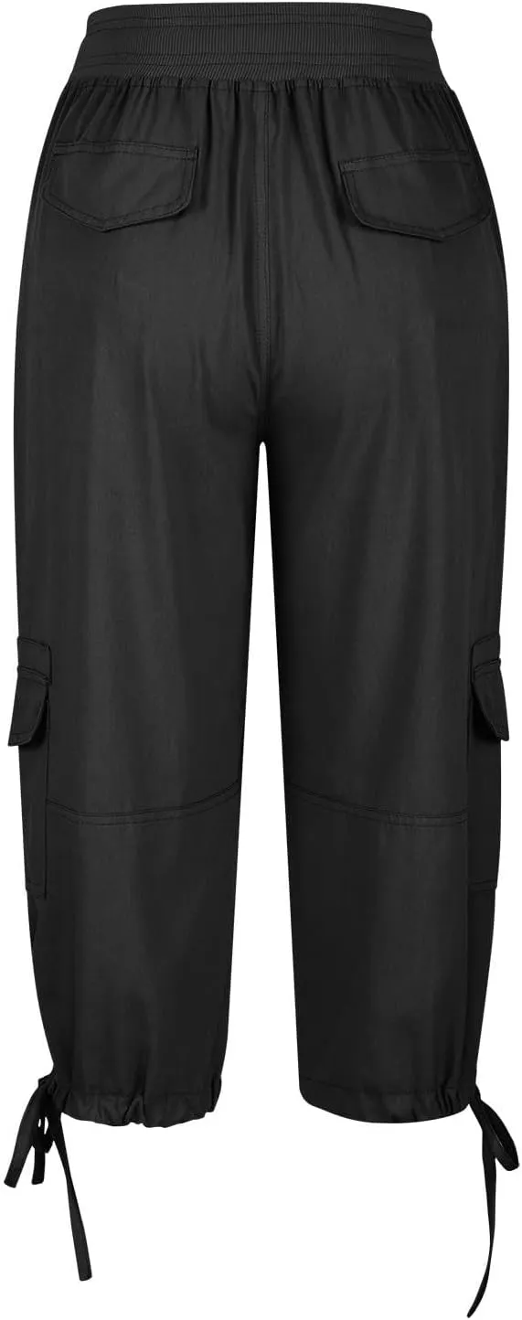 Womens Cargo Capris Drawstring Low Waisted Hiking Pants Casual Lightweight Summer Pants Cotton Joggers with Pockets