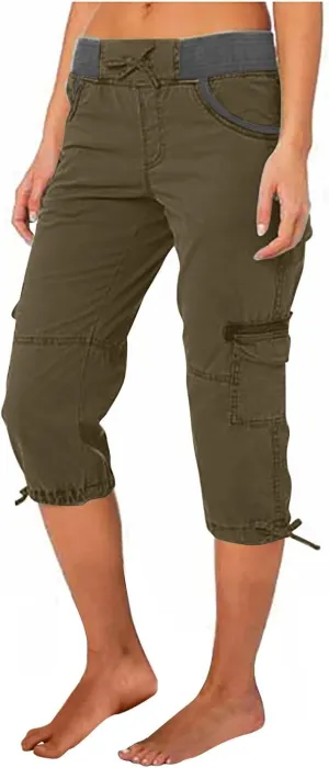 Womens Cargo Capris Drawstring Low Waisted Hiking Pants Casual Lightweight Summer Pants Cotton Joggers with Pockets