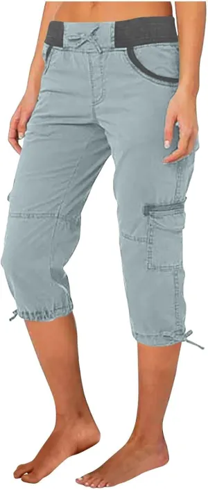 Womens Cargo Capris Drawstring Low Waisted Hiking Pants Casual Lightweight Summer Pants Cotton Joggers with Pockets
