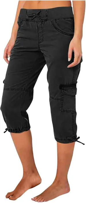Womens Cargo Capris Drawstring Low Waisted Hiking Pants Casual Lightweight Summer Pants Cotton Joggers with Pockets