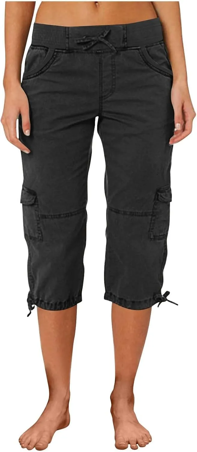 Womens Cargo Capris Drawstring Low Waisted Hiking Pants Casual Lightweight Summer Pants Cotton Joggers with Pockets