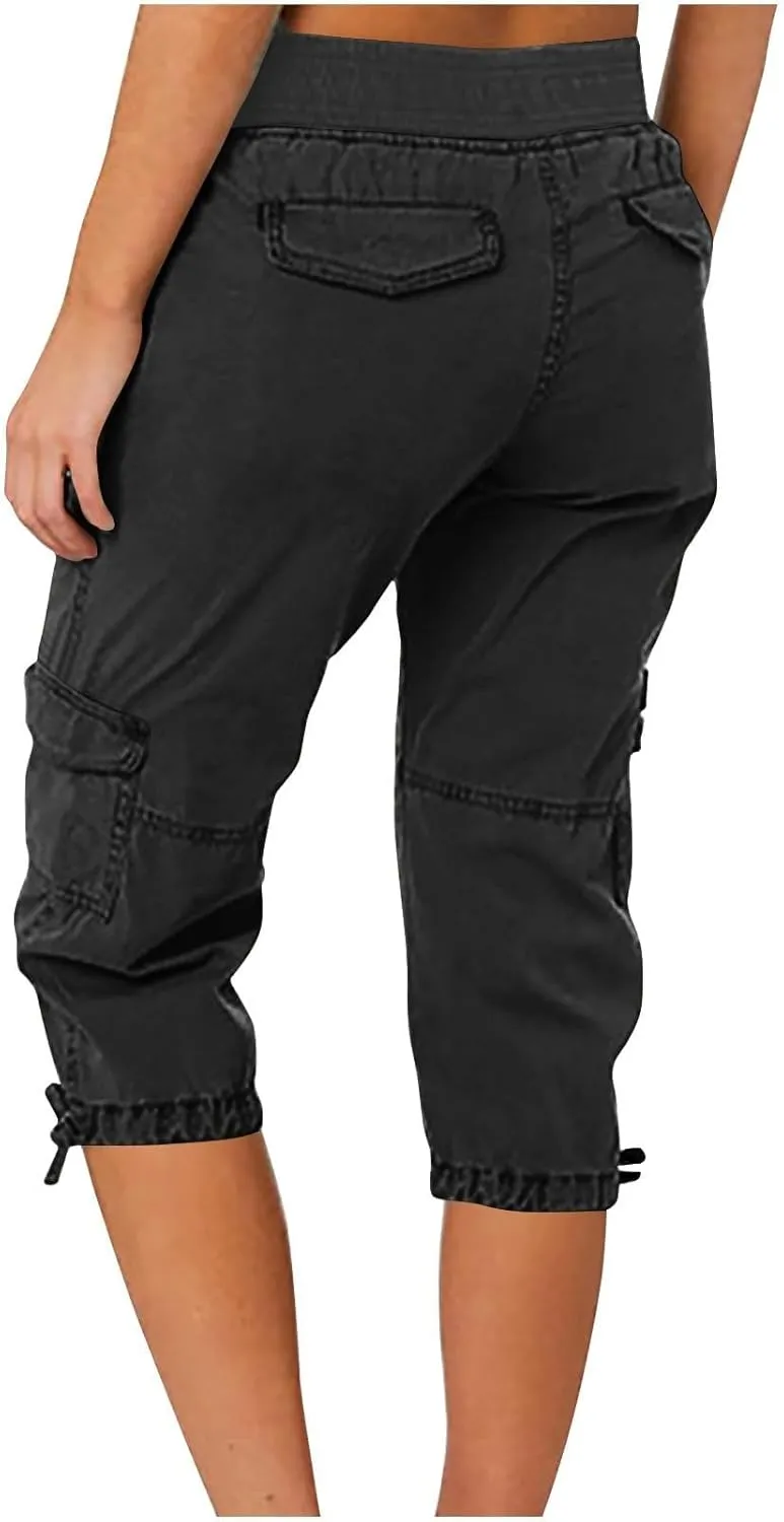 Womens Cargo Capris Drawstring Low Waisted Hiking Pants Casual Lightweight Summer Pants Cotton Joggers with Pockets
