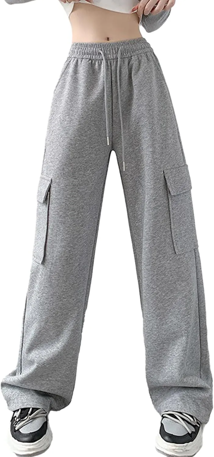 Womens Cargo Sweatpants Drawstring Elastic Waist Joggers Pants Baggy Athletic Y2K Trousers with Pockets Gray XL