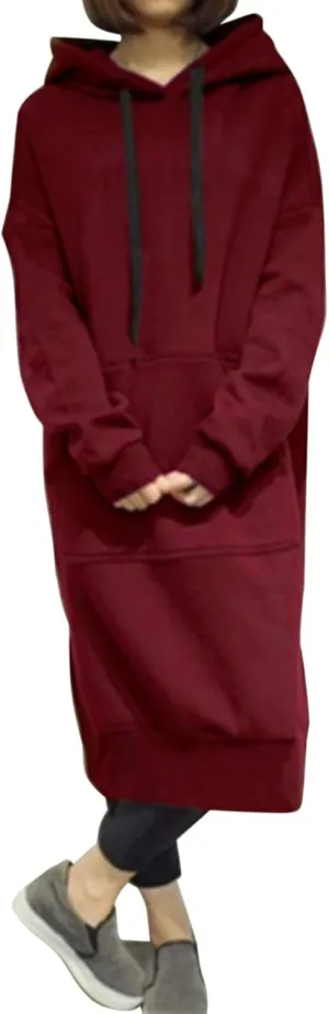 Womens Casual Pullover Sweatshirt Oversized Drawstring Hoodies Long Cape Cloak Sweatshirt Dress with Kangaroo Pocket