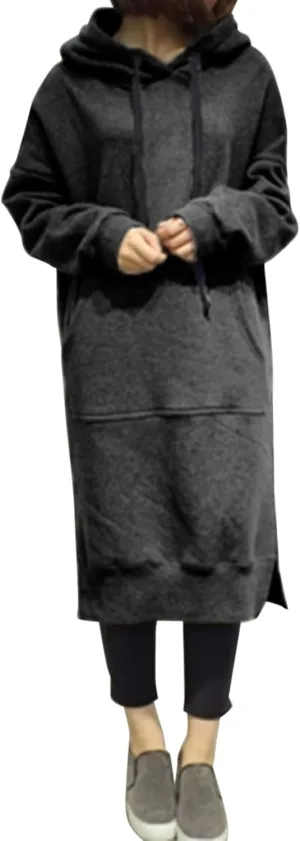 Womens Casual Pullover Sweatshirt Oversized Drawstring Hoodies Long Cape Cloak Sweatshirt Dress with Kangaroo Pocket