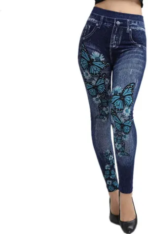 Women's Classic Denim Pants Butterfly Print High Waisted Denim Legging Slim Fit Stretch Skinny Jeans Pants