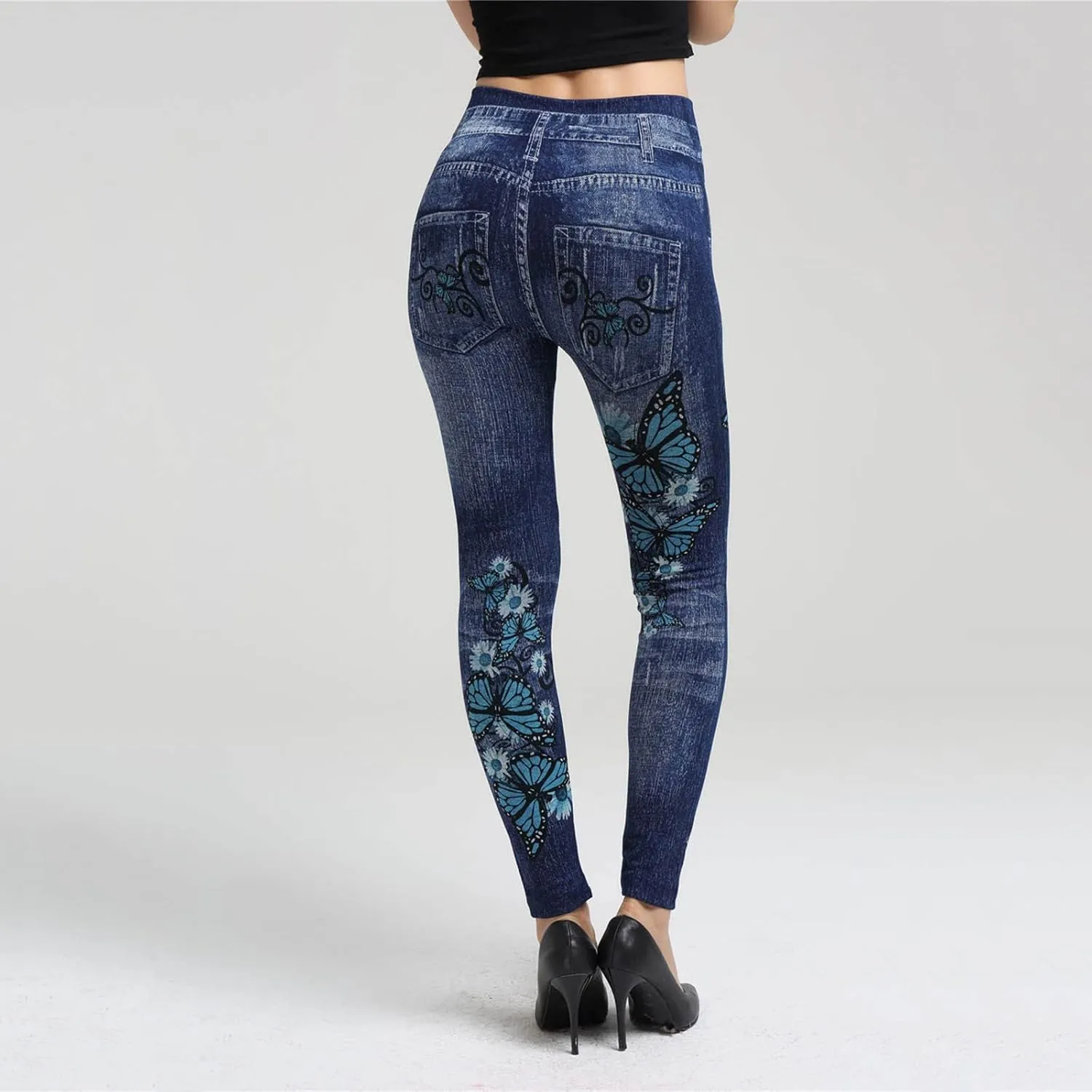 Women's Classic Denim Pants Butterfly Print High Waisted Denim Legging Slim Fit Stretch Skinny Jeans Pants