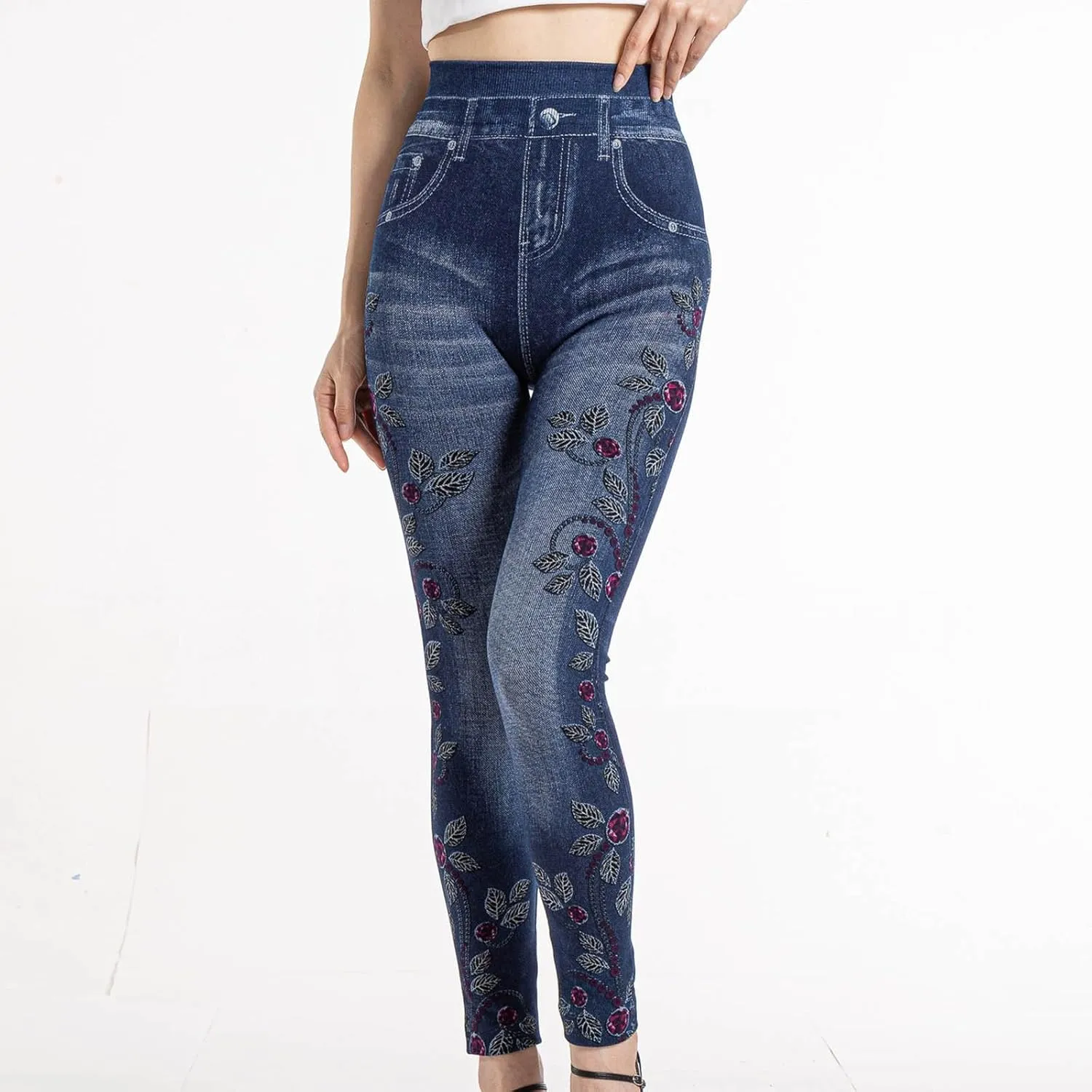 Women's Classic Denim Pants Butterfly Print High Waisted Denim Legging Slim Fit Stretch Skinny Jeans Pants