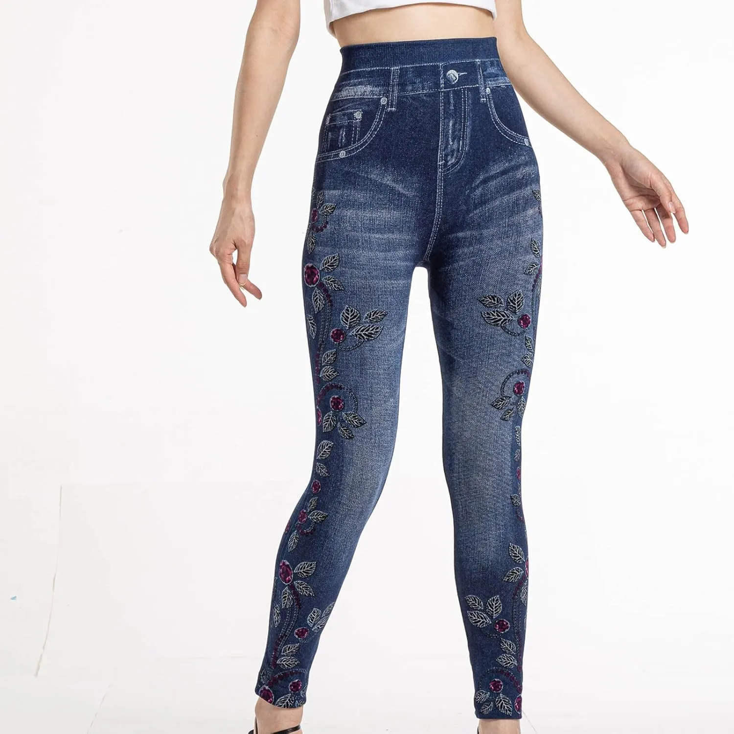 Women's Classic Denim Pants Butterfly Print High Waisted Denim Legging Slim Fit Stretch Skinny Jeans Pants