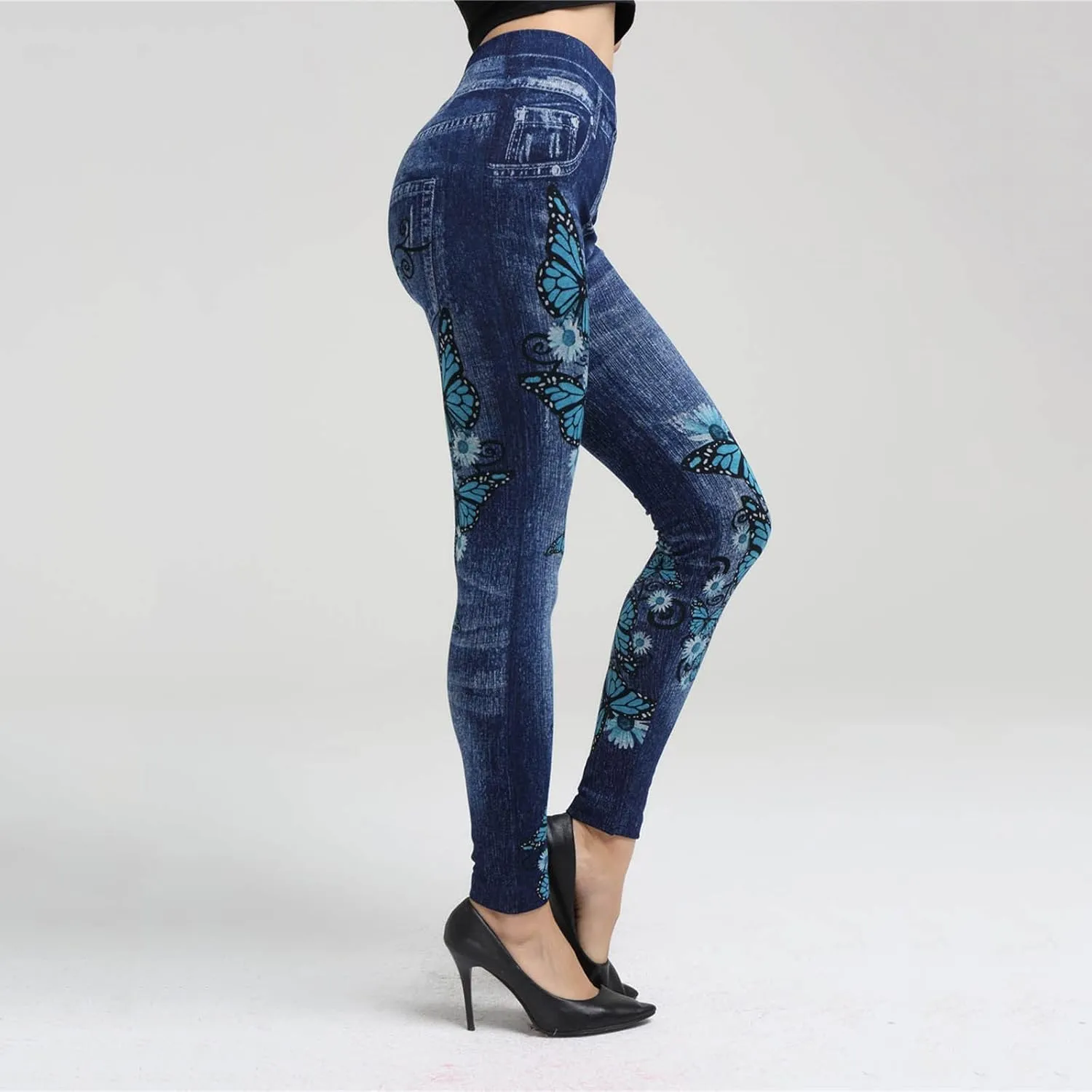 Women's Classic Denim Pants Butterfly Print High Waisted Denim Legging Slim Fit Stretch Skinny Jeans Pants