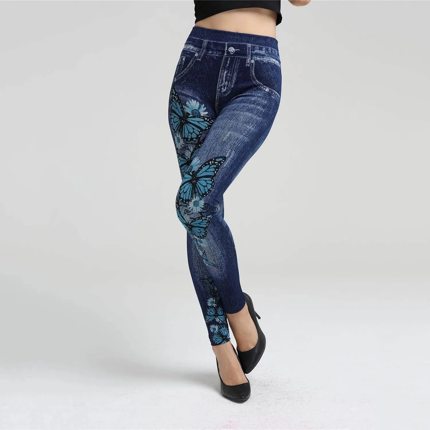 Women's Classic Denim Pants Butterfly Print High Waisted Denim Legging Slim Fit Stretch Skinny Jeans Pants