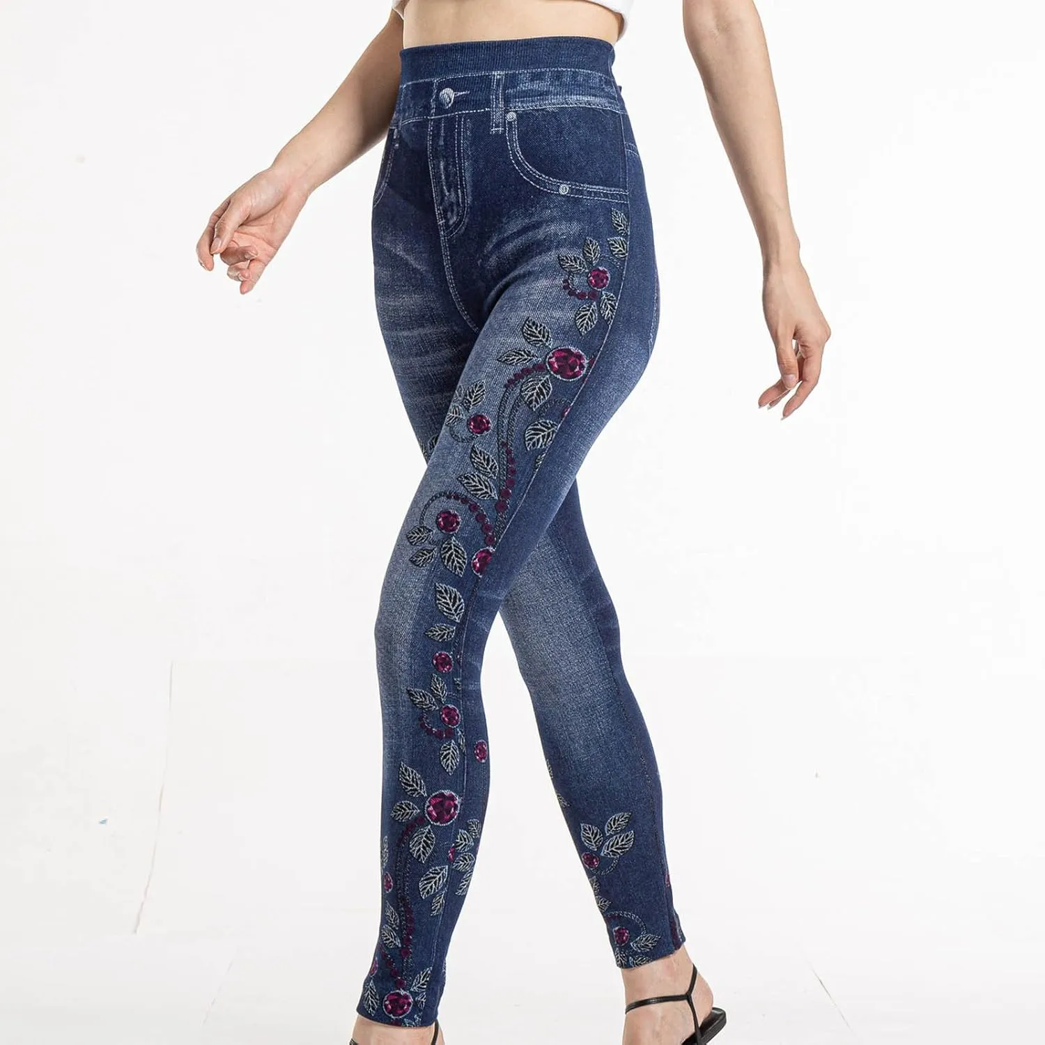 Women's Classic Denim Pants Butterfly Print High Waisted Denim Legging Slim Fit Stretch Skinny Jeans Pants