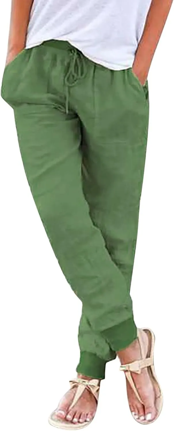 Women's Cotton Linen Jogger Pants Tapered Leg Summer Lightweight Drawstring Elastic Waist Joggers Casual Trousers