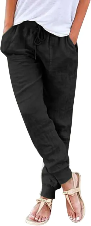 Women's Cotton Linen Jogger Pants Tapered Leg Summer Lightweight Drawstring Elastic Waist Joggers Casual Trousers