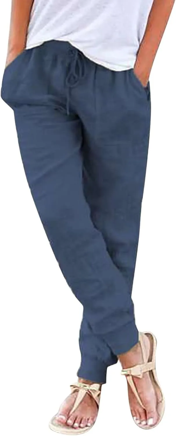 Women's Cotton Linen Jogger Pants Tapered Leg Summer Lightweight Drawstring Elastic Waist Joggers Casual Trousers