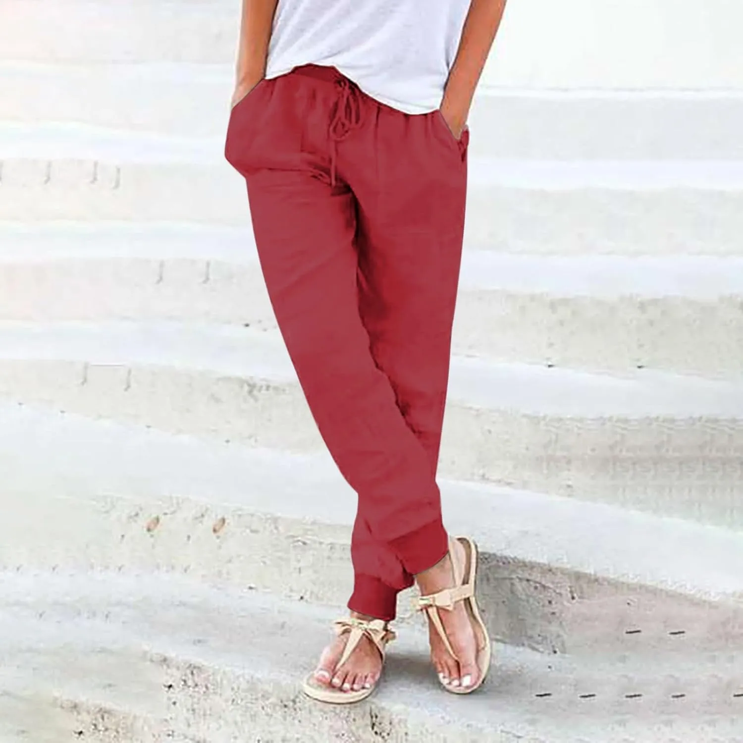 Women's Cotton Linen Jogger Pants Tapered Leg Summer Lightweight Drawstring Elastic Waist Joggers Casual Trousers