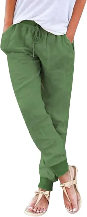 Women's Cotton Linen Jogger Pants Tapered Leg Summer Lightweight Drawstring Elastic Waist Joggers Casual Trousers