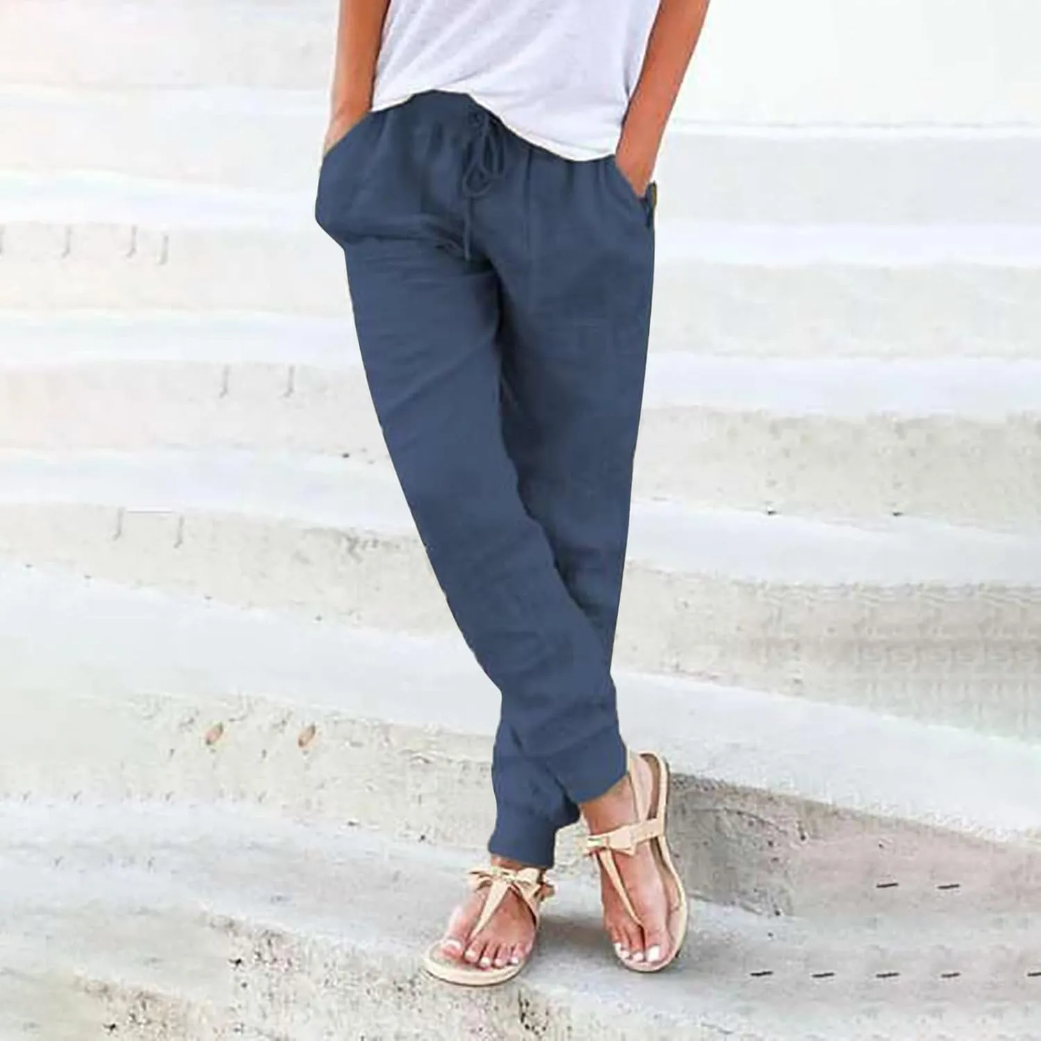 Women's Cotton Linen Jogger Pants Tapered Leg Summer Lightweight Drawstring Elastic Waist Joggers Casual Trousers