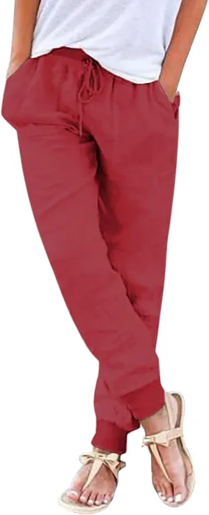 Women's Cotton Linen Jogger Pants Tapered Leg Summer Lightweight Drawstring Elastic Waist Joggers Casual Trousers