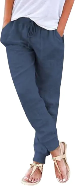Women's Cotton Linen Jogger Pants Tapered Leg Summer Lightweight Drawstring Elastic Waist Joggers Casual Trousers
