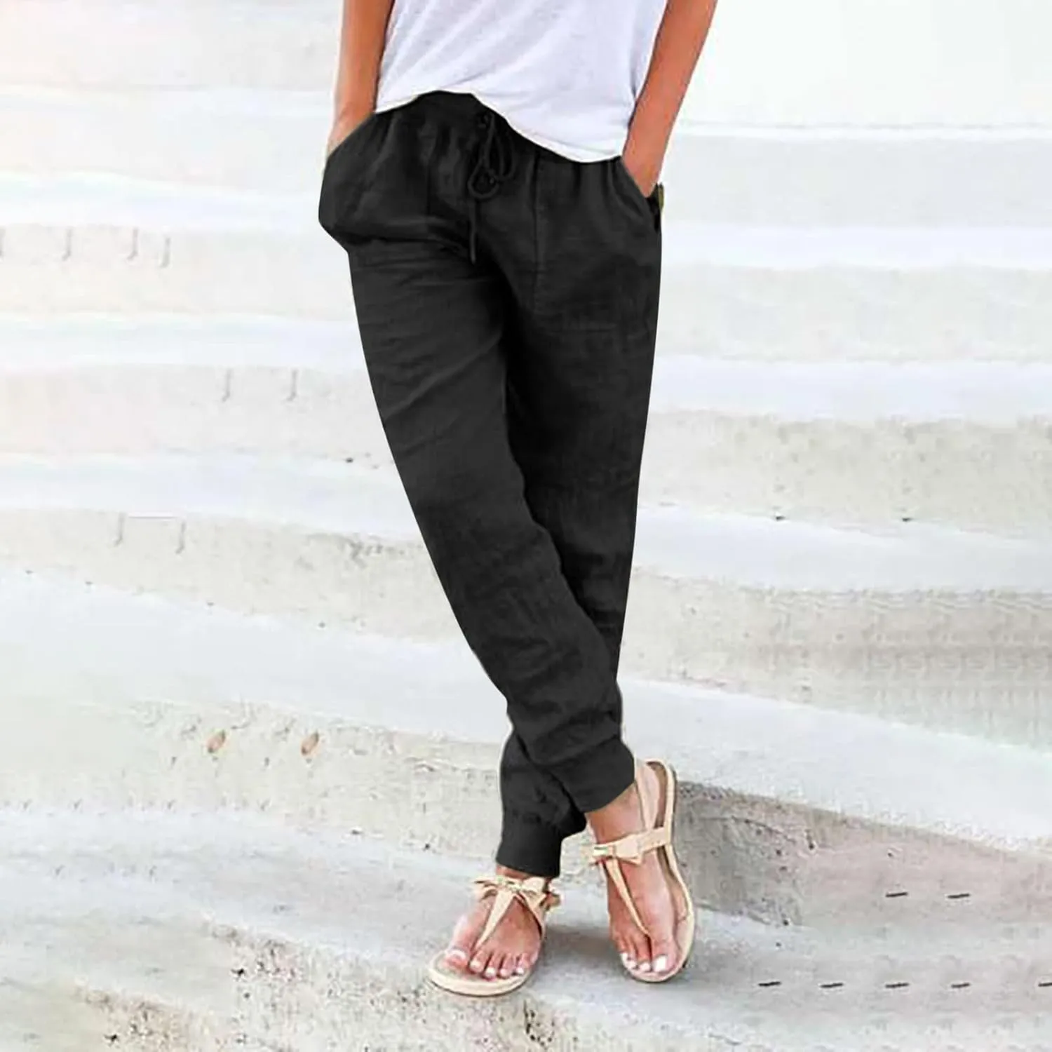 Women's Cotton Linen Jogger Pants Tapered Leg Summer Lightweight Drawstring Elastic Waist Joggers Casual Trousers
