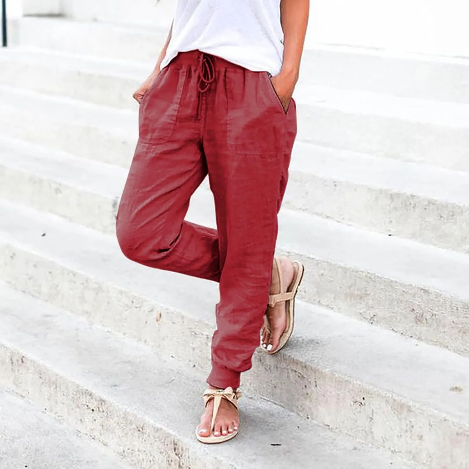 Women's Cotton Linen Jogger Pants Tapered Leg Summer Lightweight Drawstring Elastic Waist Joggers Casual Trousers
