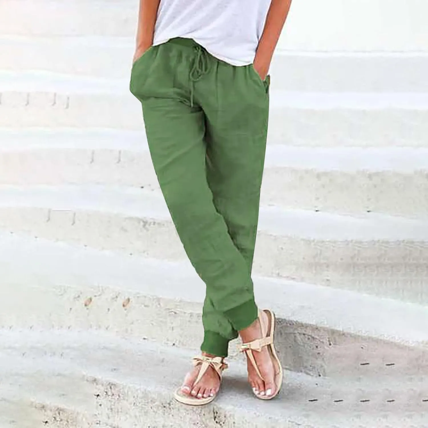 Women's Cotton Linen Jogger Pants Tapered Leg Summer Lightweight Drawstring Elastic Waist Joggers Casual Trousers